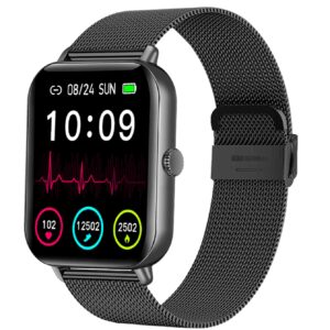 1pc Men Women Black Mesh Strap Fashion Sleep Tracking And Heart Rate Monitor Multi-function Water Resistant Square Smart Watch, Compatible With Androids iPhone