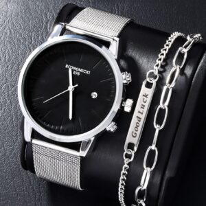 1pc Men Mesh Strap Quartz Watch & 1pc Bracelet