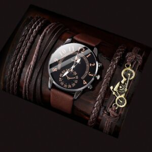 1pc Men Round Pointer Quartz Watch & 4pcs Bracelet